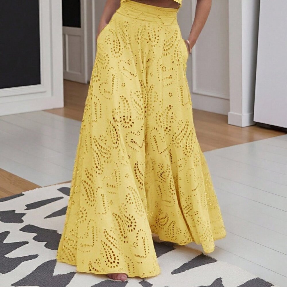 Yellow Elegant Women's Floral Hollow Out Full Embroidery A-Line Maxi Skirt